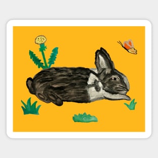 Rabbit with Butterfly and Dandelions Yellow Painting Magnet